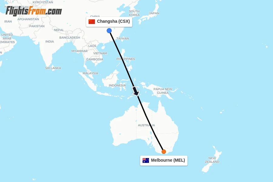 Flights from Changsha to Melbourne route map
