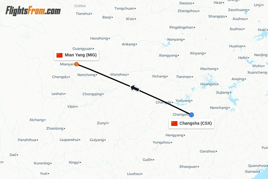 Flights from Changsha to Mian Yang route map