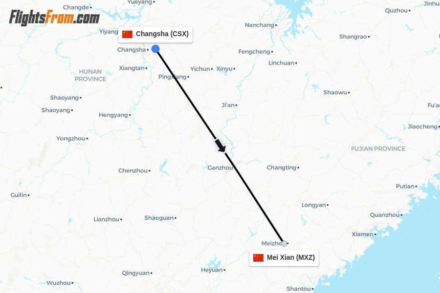 Flights from Changsha to Mei Xian route map