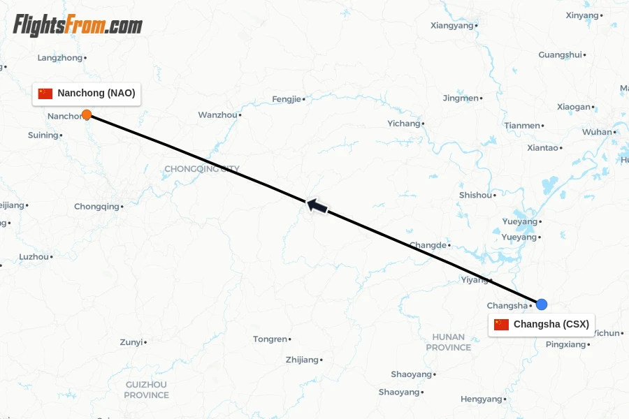 Flights from Changsha to Nanchong route map