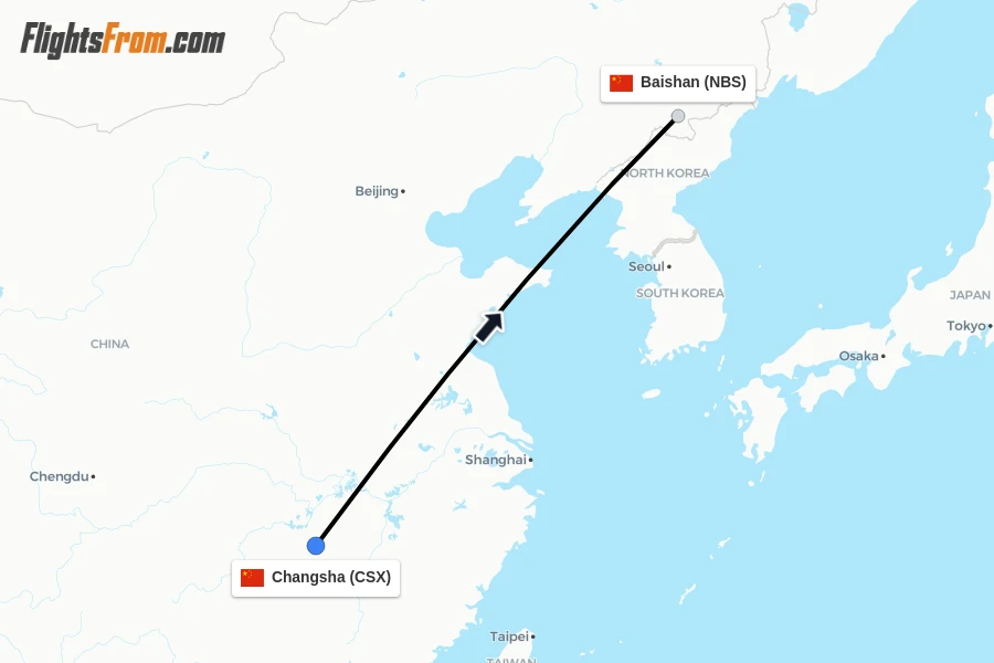 Flights from Changsha to Baishan route map