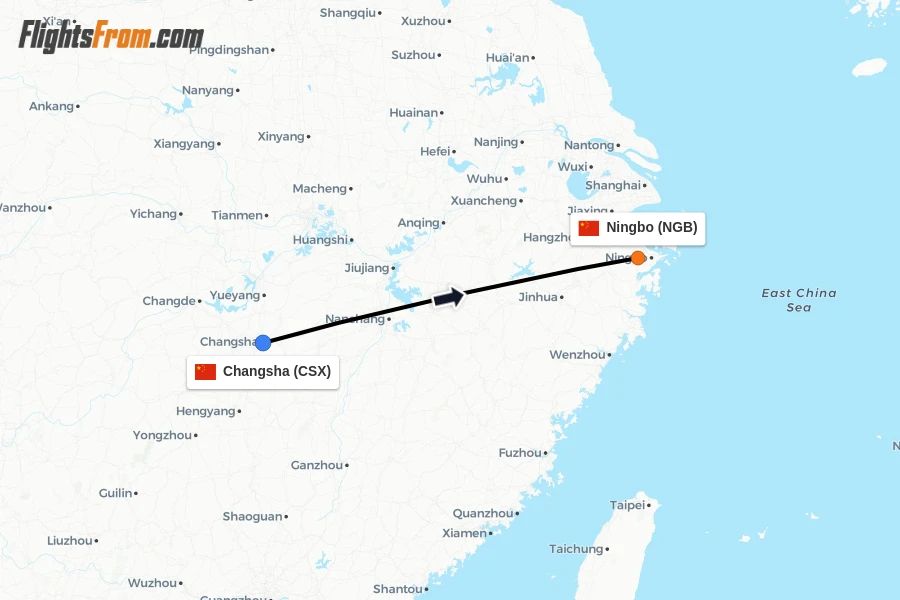 Flights from Changsha to Ningbo route map