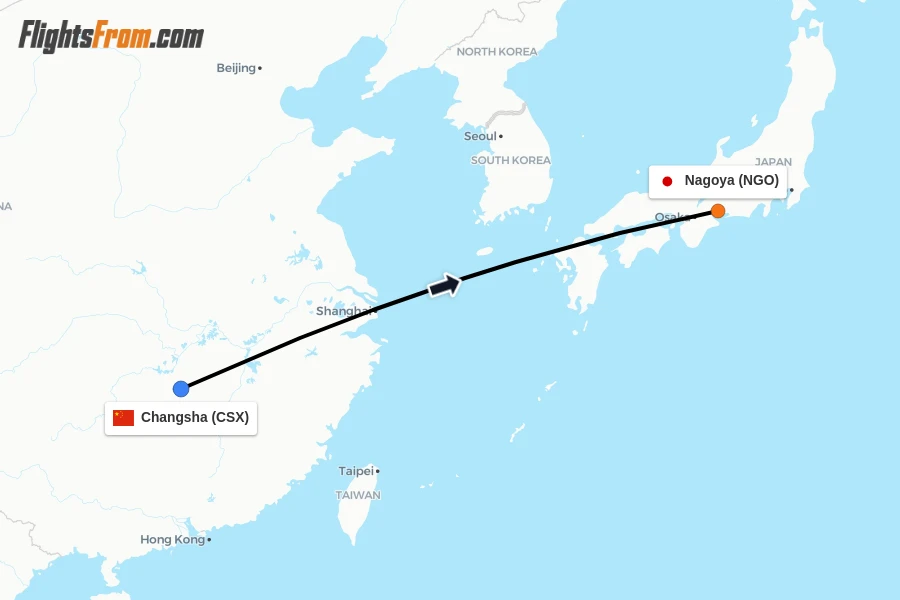 Flights from Changsha to Nagoya route map
