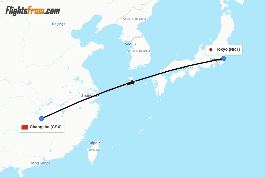 Flights from Changsha to Tokyo route map