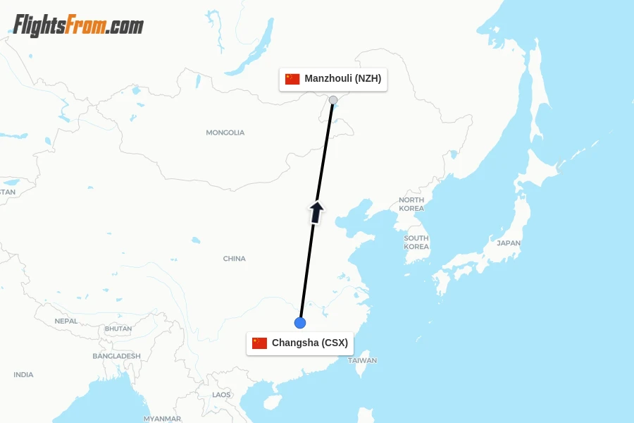 Flights from Changsha to Manzhouli route map