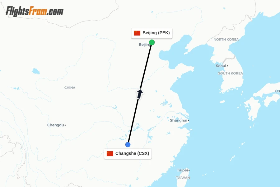Flights from Changsha to Beijing route map