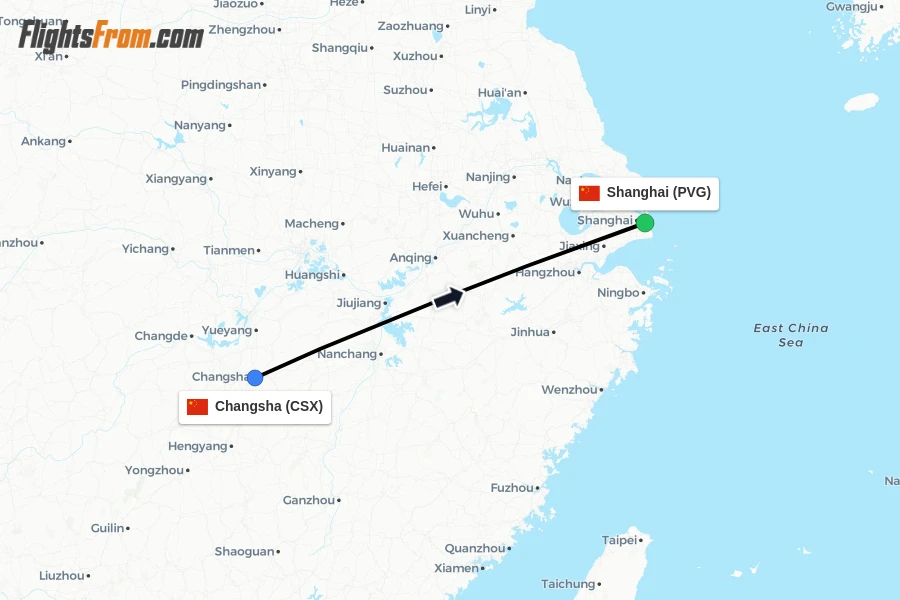 Flights from Changsha to Shanghai route map