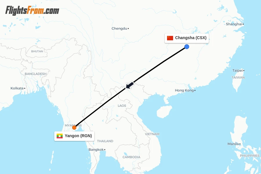 Flights from Changsha to Yangon route map