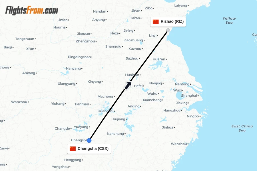 Flights from Changsha to Rizhao route map
