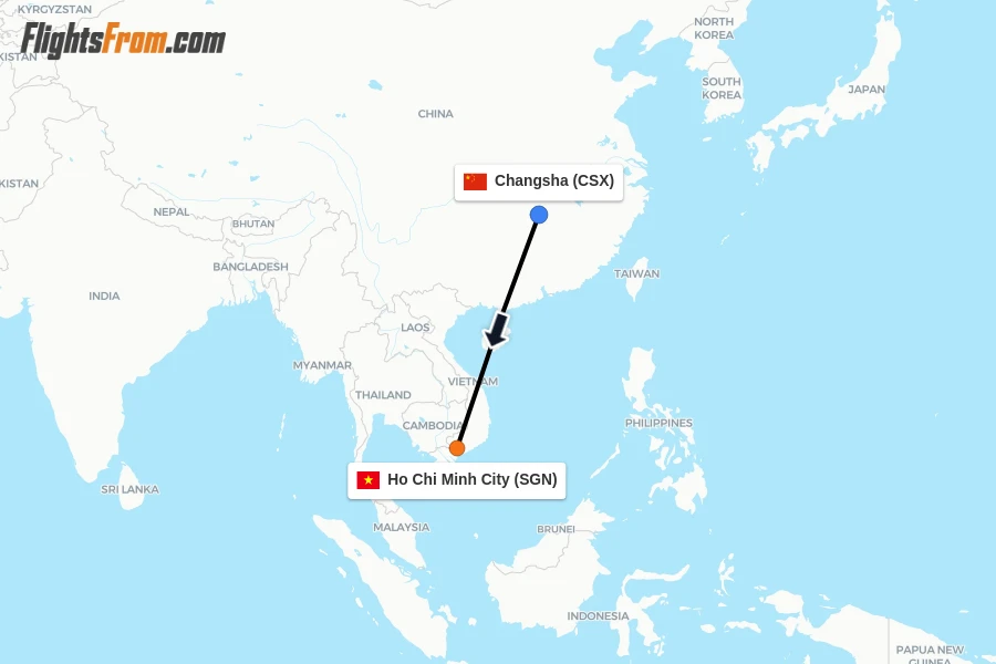 Flights from Changsha to Ho Chi Minh City route map