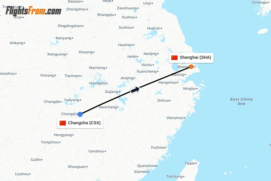 Flights from Changsha to Shanghai route map