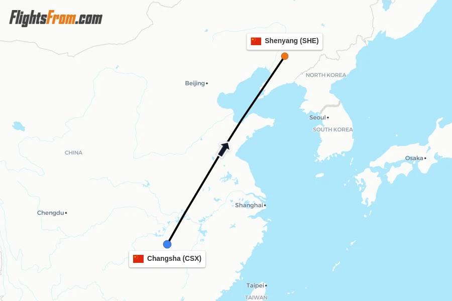 Flights from Changsha to Shenyang route map