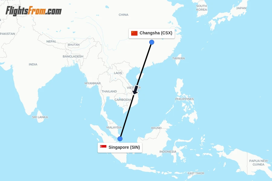 Flights from Changsha to Singapore route map