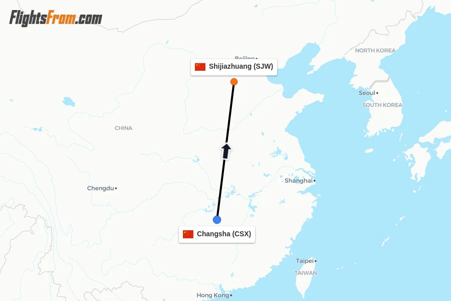 Flights from Changsha to Shijiazhuang route map