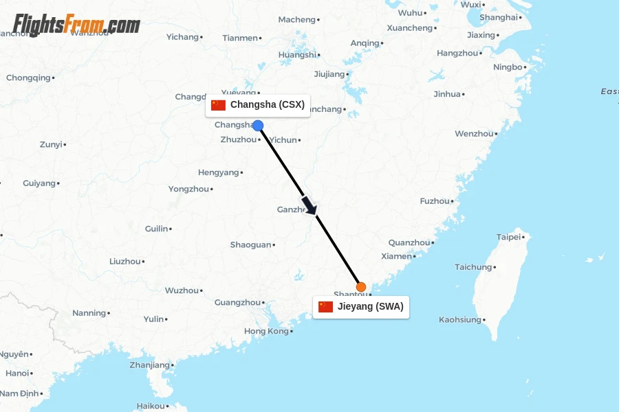 Flights from Changsha to Jieyang route map