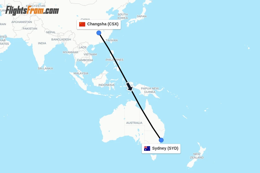 Flights from Changsha to Sydney route map