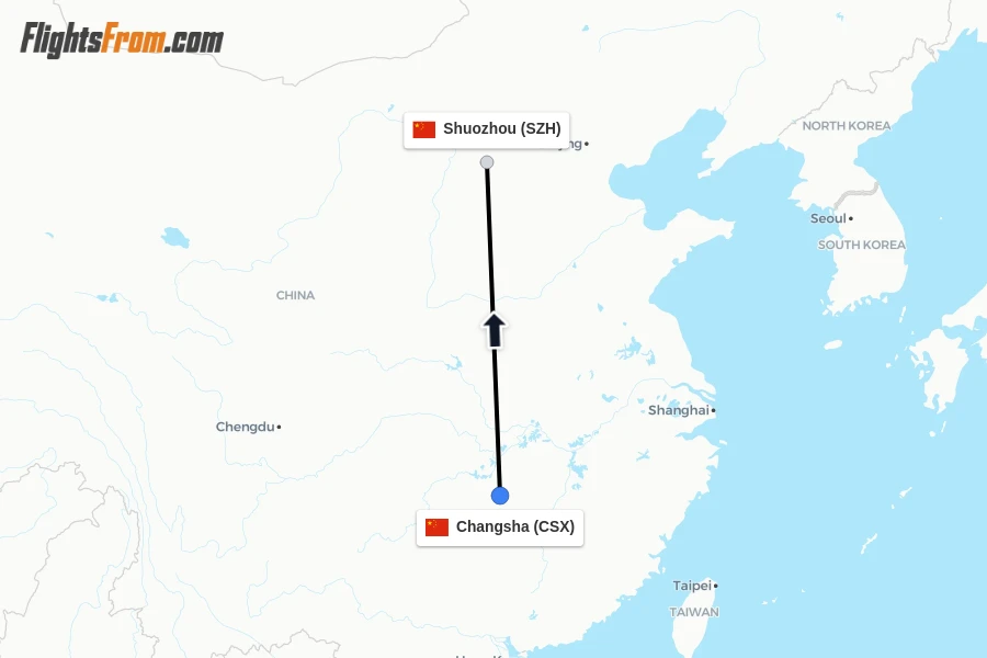 Flights from Changsha to Shuozhou route map