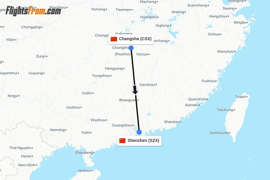 Flights from Changsha to Shenzhen route map