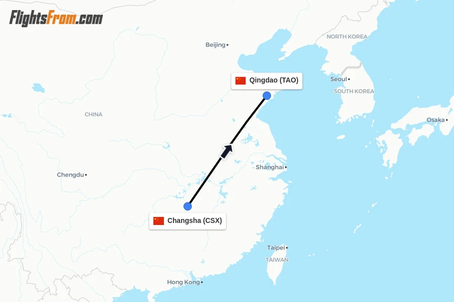 Flights from Changsha to Qingdao route map
