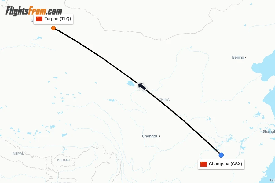 Flights from Changsha to Turpan route map