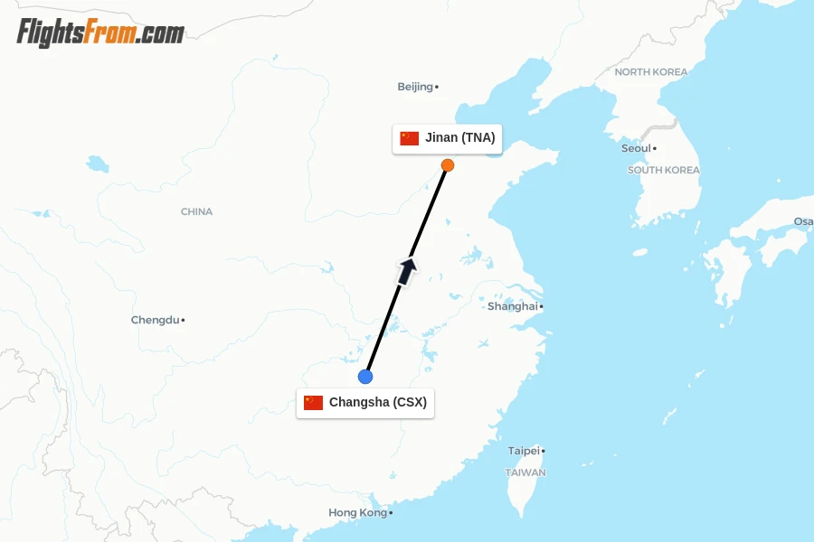 Flights from Changsha to Jinan route map