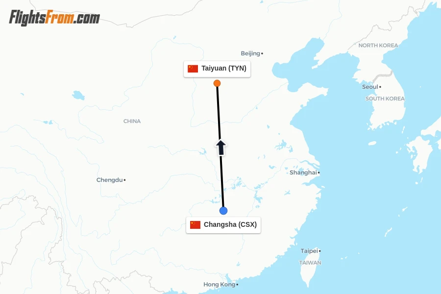 Flights from Changsha to Taiyuan route map