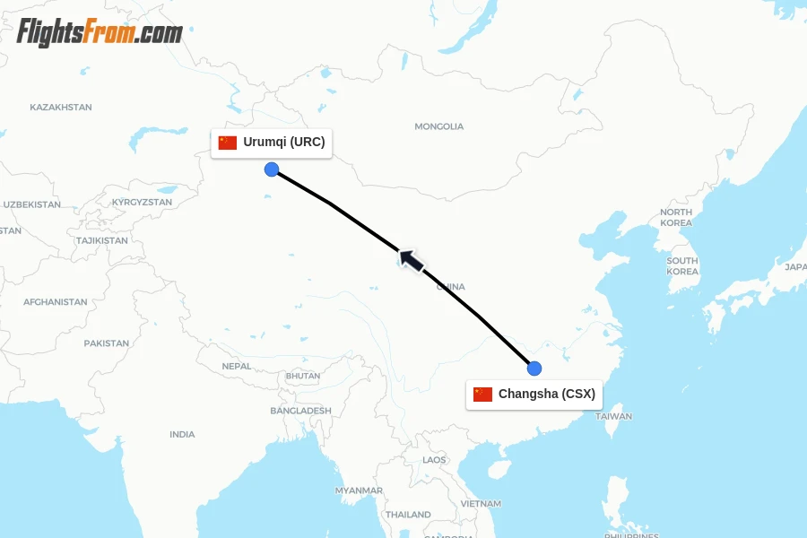 Flights from Changsha to Urumqi route map