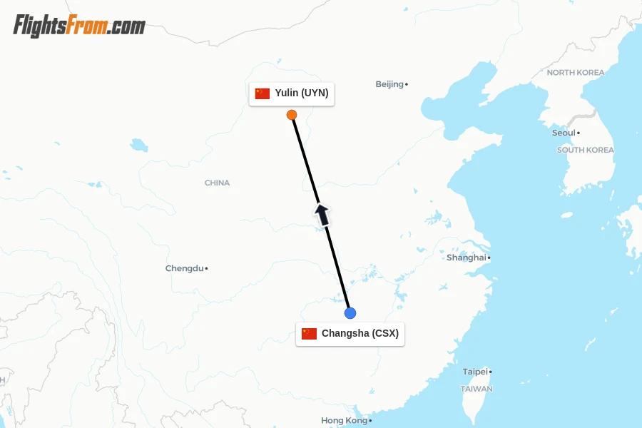 Flights from Changsha to Yulin route map