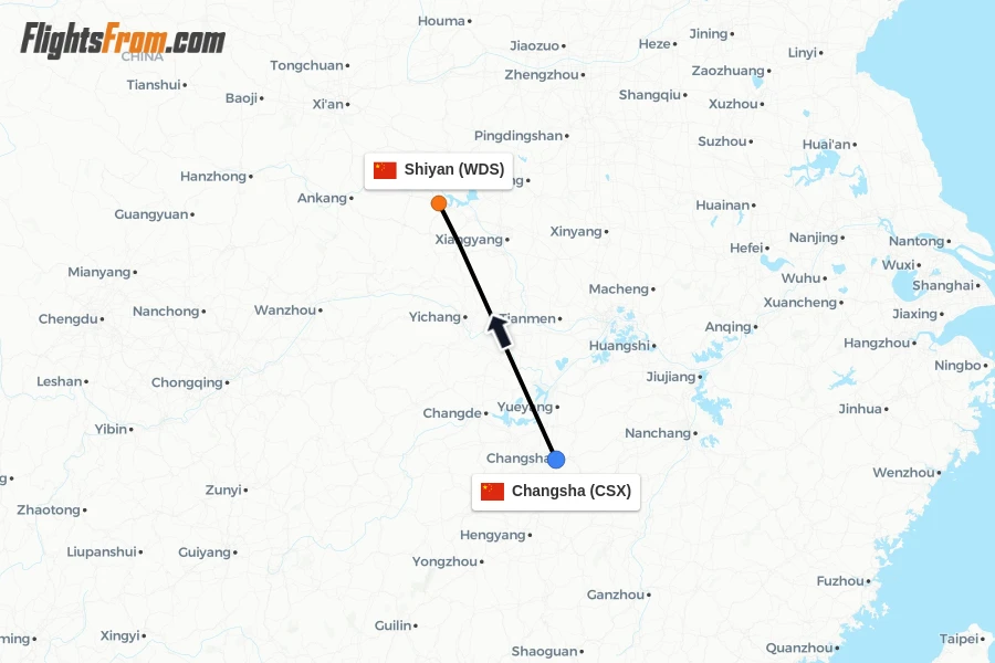 Flights from Changsha to Shiyan route map