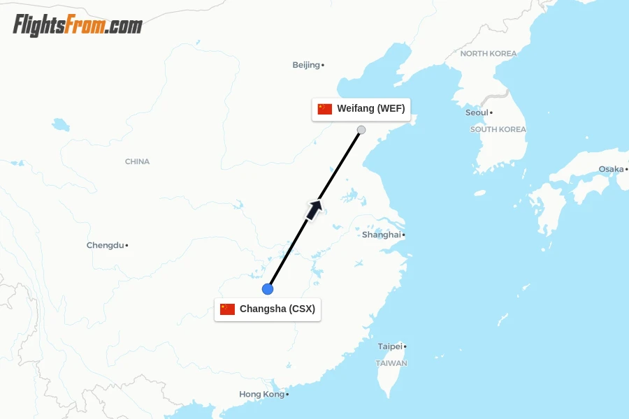 Flights from Changsha to Weifang route map