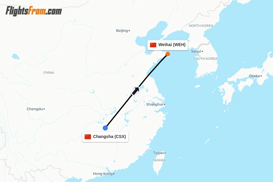 Flights from Changsha to Weihai route map