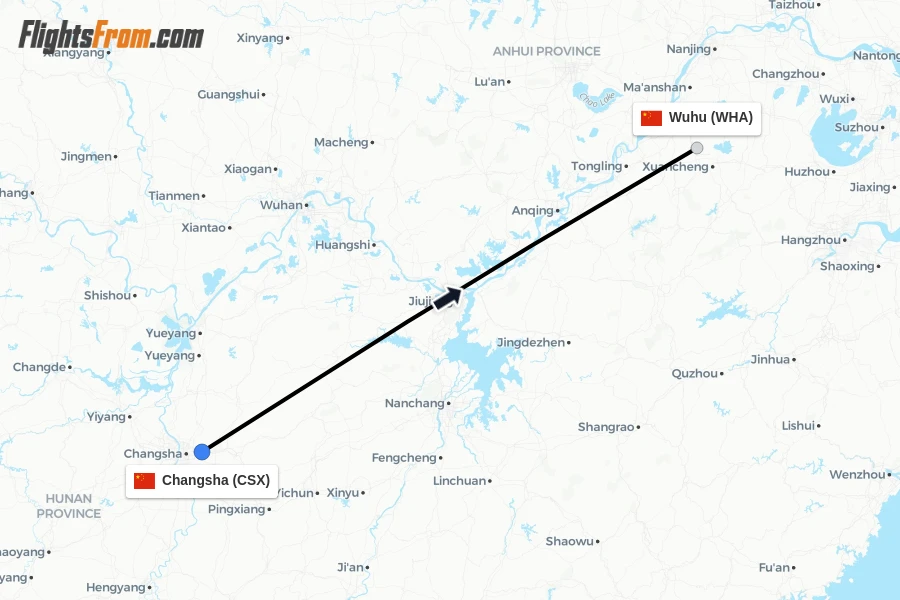Flights from Changsha to Wuhu route map