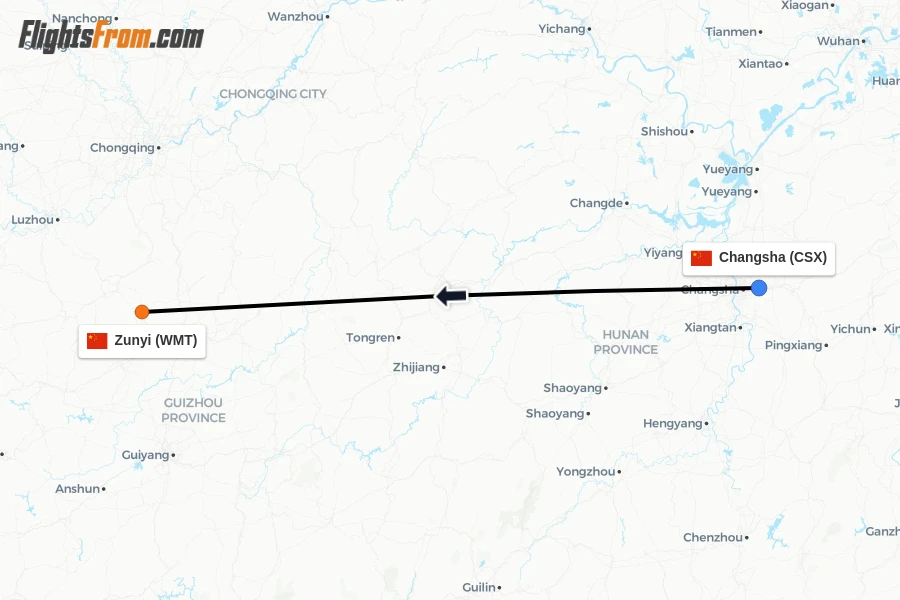 Flights from Changsha to Zunyi route map
