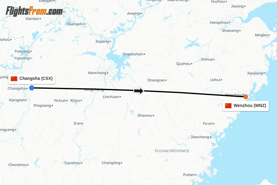 Flights from Changsha to Wenzhou route map
