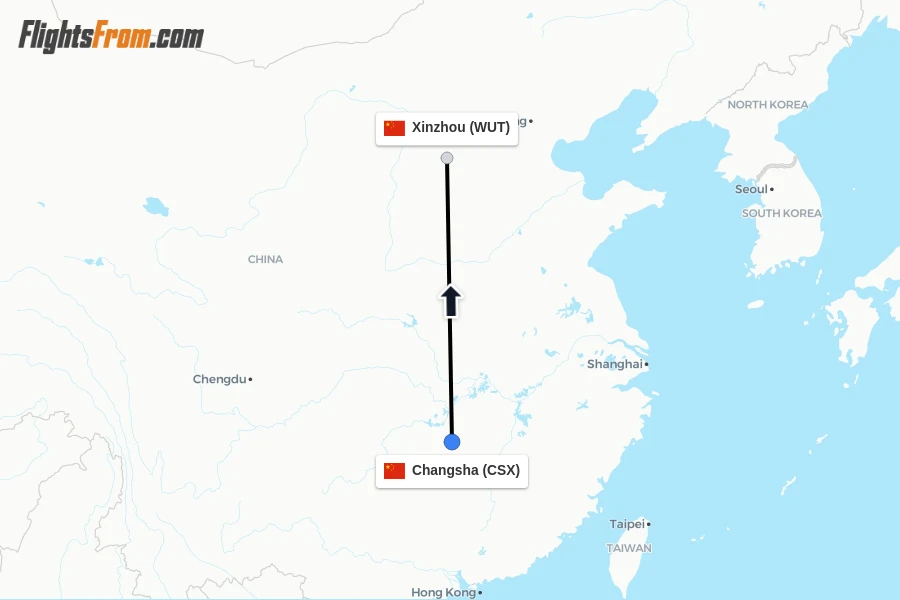 Flights from Changsha to Xinzhou route map