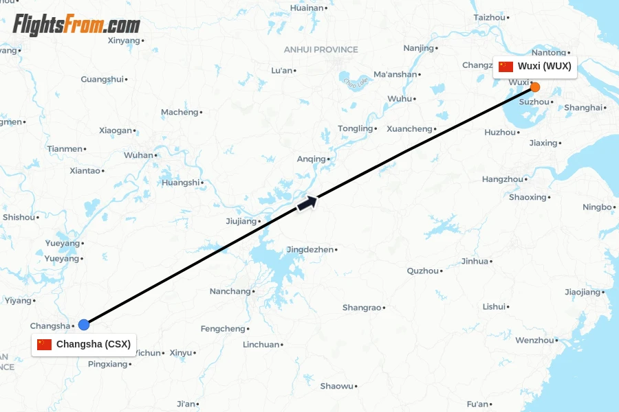 Flights from Changsha to Wuxi route map
