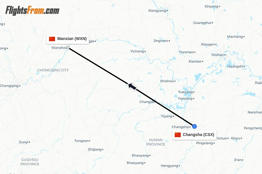 Flights from Changsha to Wanxian route map