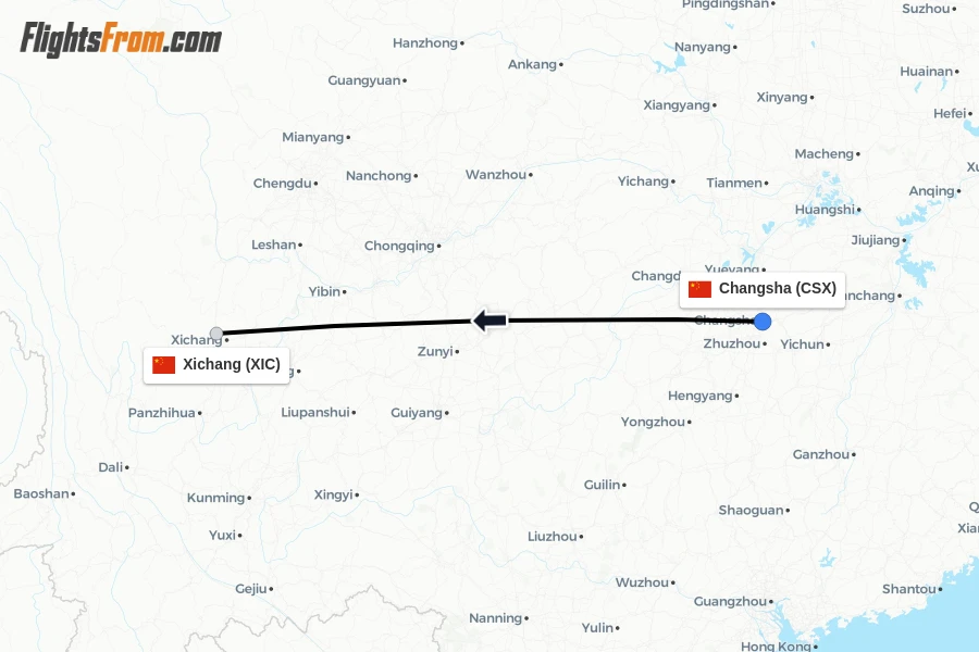 Flights from Changsha to Xichang route map