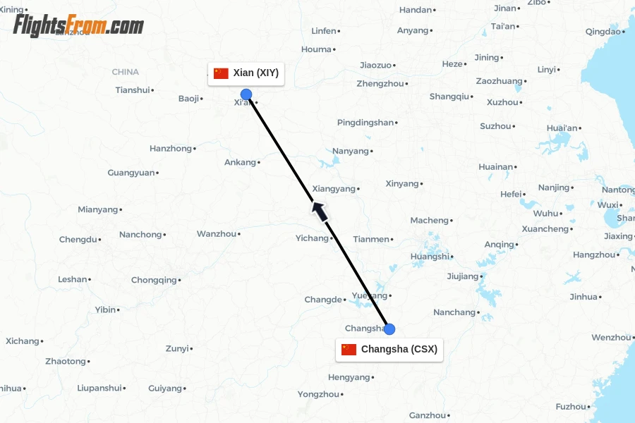 Flights from Changsha to Xian route map