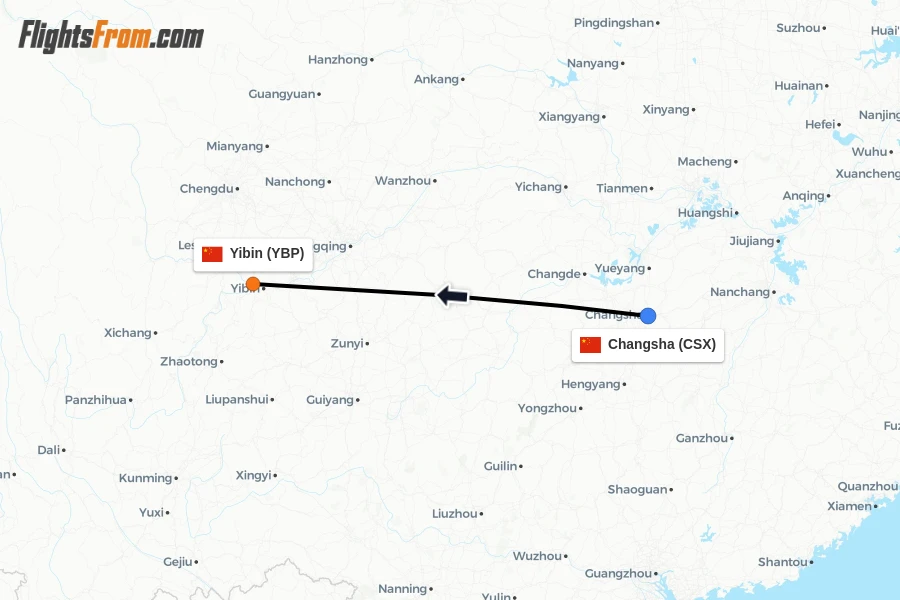 Flights from Changsha to Yibin route map