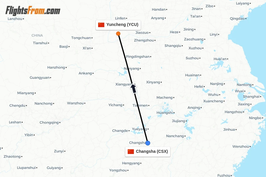 Flights from Changsha to Yuncheng route map