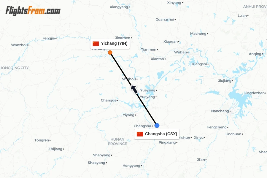 Flights from Changsha to Yichang route map