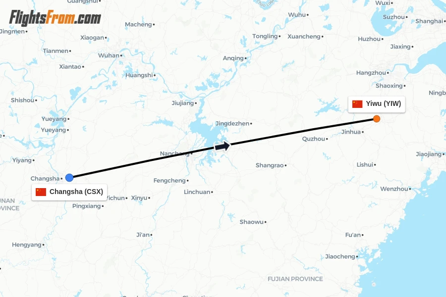 Flights from Changsha to Yiwu route map