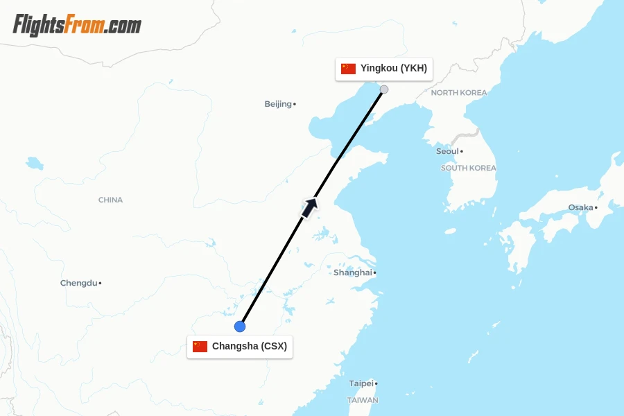 Flights from Changsha to Yingkou route map
