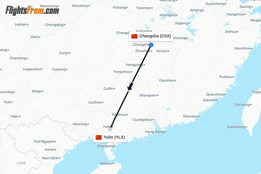 Flights from Changsha to Yulin route map