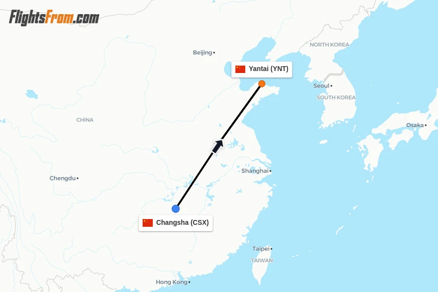 Flights from Changsha to Yantai route map