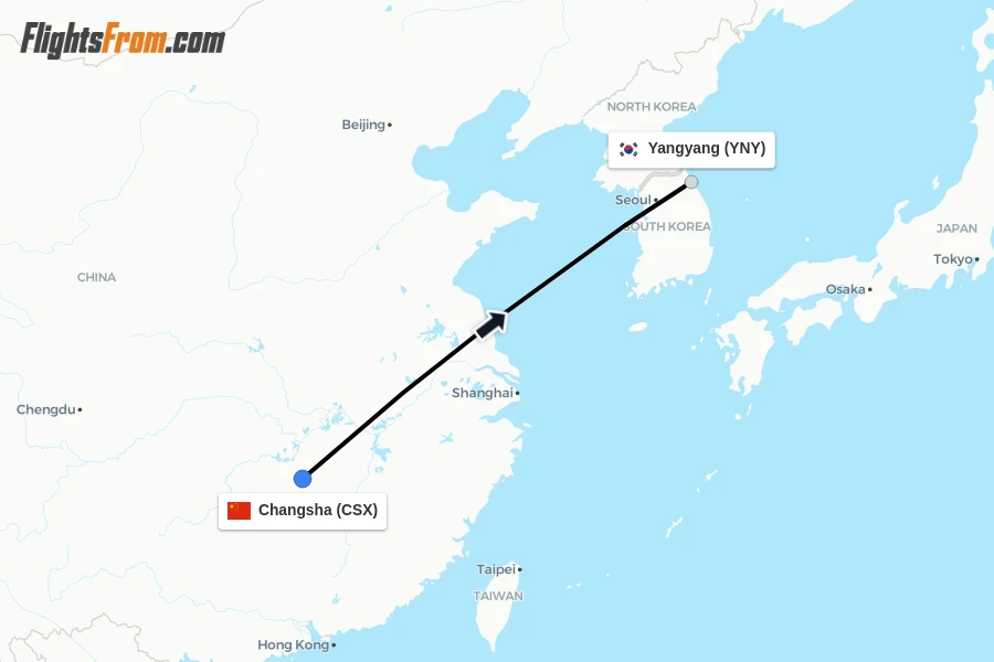 Flights from Changsha to Yangyang route map