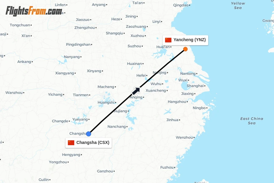 Flights from Changsha to Yancheng route map