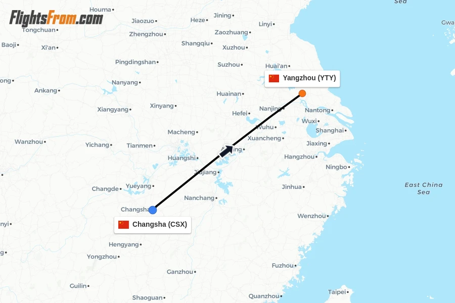 Flights from Changsha to Yangzhou route map