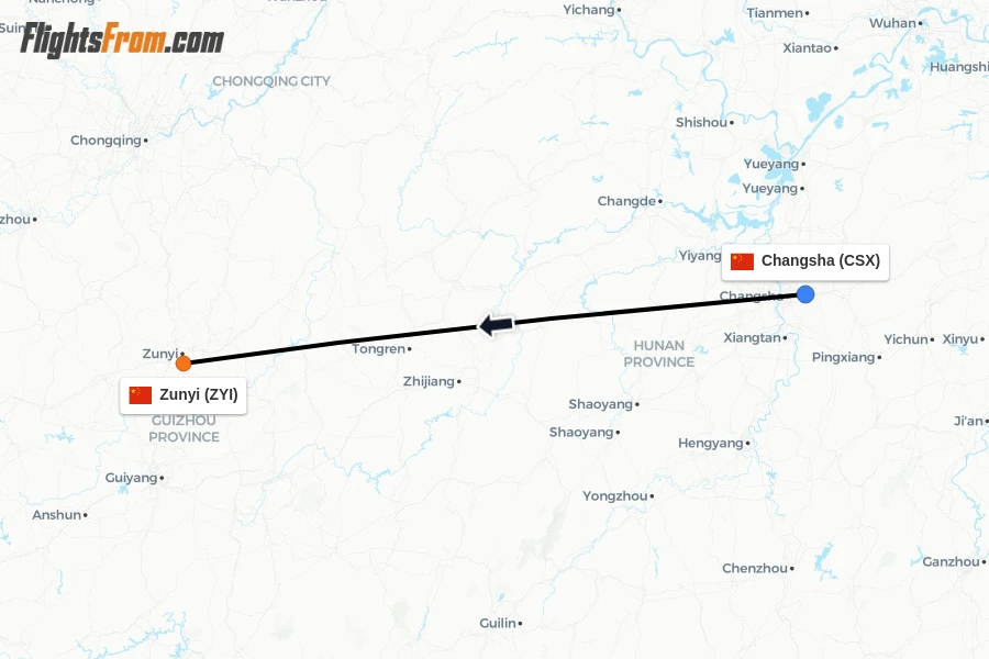 Flights from Changsha to Zunyi route map